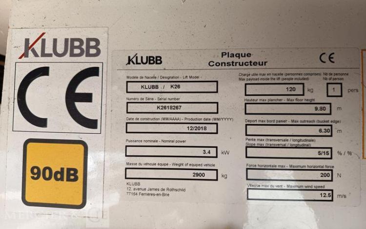 RENAULT MASTER AVEC NACELLE KLUBB K26 12A14M – DIESEL – 1662 HEURES – 111541 KMS BLANC FC-801-QV