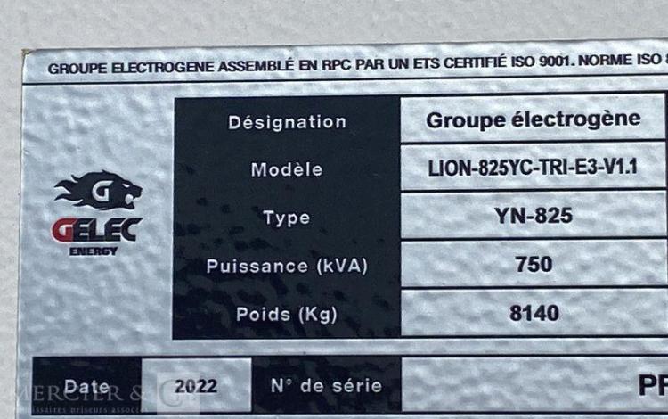 GELEC ENERGY GROUPE ELECTROGENE LION 825YC DIESEL 750KVA – 600KW – 1083A -324 Heures -AN 2022  2001950