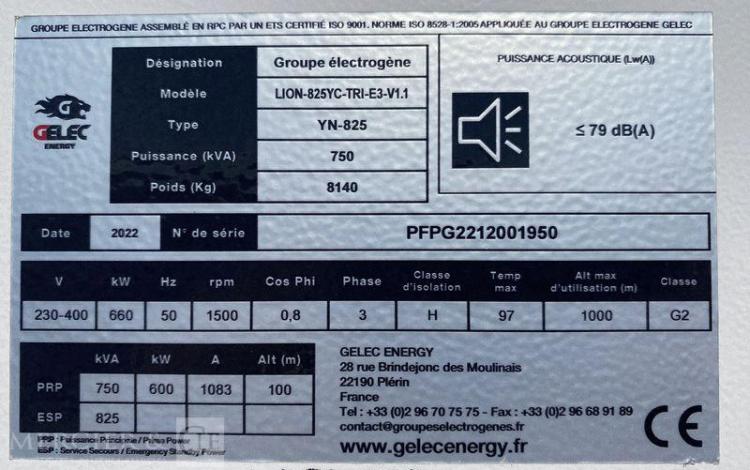 GELEC ENERGY GROUPE ELECTROGENE LION 825YC DIESEL 750KVA – 600KW – 1083A -324 Heures -AN 2022  2001950