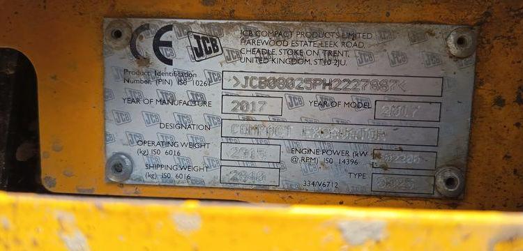 JCB MINI-PELLE SUR CHENILLES 8025 ZT – 2,81T – DIESEL  – 4351 HEURES – ANNEE 2017  27887