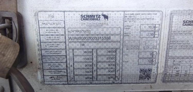 SCHMITZ SEMI-REMORQUE BACHEE 3 ESSIEUX AVEC HAYON DHOLLANDIA 2000KG – PTAC 39 TONNES  FB-609-YF