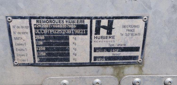 HUBIERE REMORQUE PORTE ENGIN 2 ESSIEUS – PTAC : 2,5 TONNES – ANNEE 2019  FD-949-LT