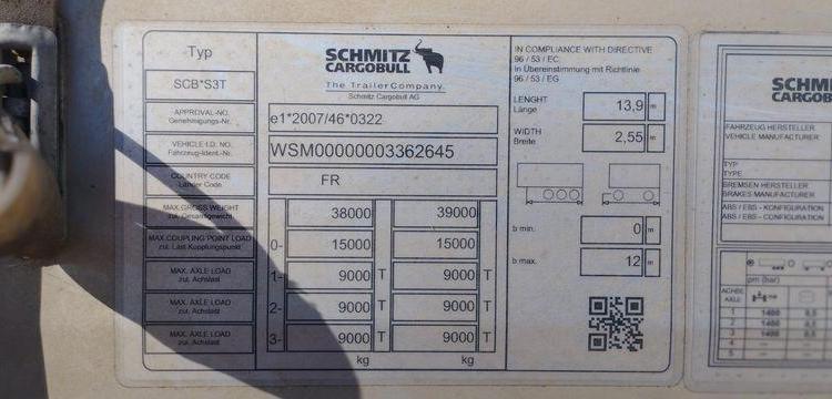SCHMITZ SEMI REMORQUE BACHEE SCB S3T AVEC HAYON – 3 ESSIUEUX – PTAC 38 TONNES – AN 2021  FZ-756-BZ