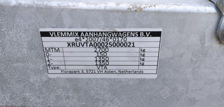 VLEMMIX REMORQUE PORTE ENGIN 2 ESSIEUX – PTAC 2,7 TONNES – ANNEE 2025  HB-140-WC