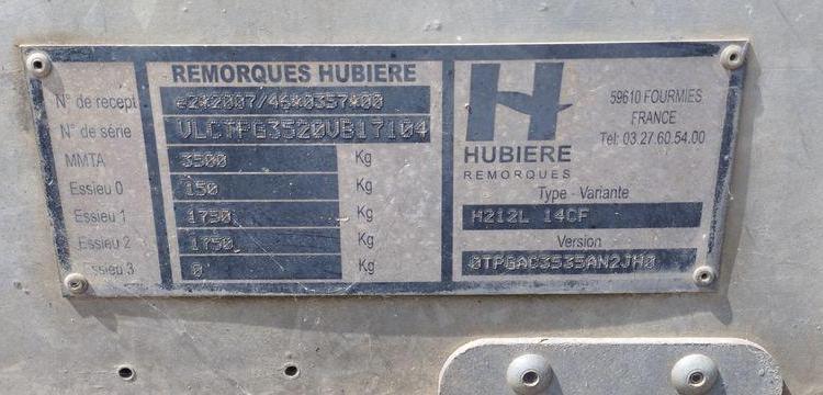 HUBIERE REMORQUE PORTE ENGIN 2 ESSIEUX – PTAC : 3,5 TONNES – ANNEE 2017  EJ-117-CE