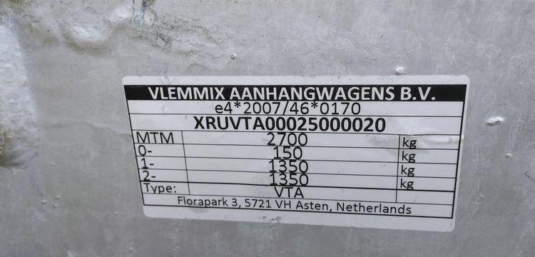 VLEMMIX REMORQUE PORTE ENGIN 2 ESSIEUX PTAC : 2,7 TONNES  HB-309-WC