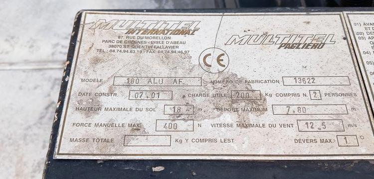 NISSAN CABSTAR AVEC NACELLE MULTITEL 180ALUAF – 18 M – 3535 HEURES – 59377 KMS BLANC 805ANM59