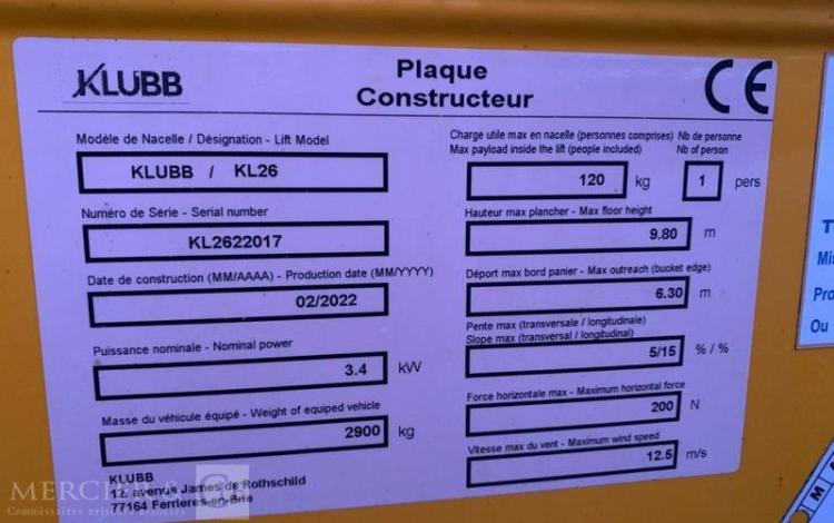 RENAULT MASTER AVEC NACELLE KLUBB/KL26 – 10 M DIESEL – 108 HEURES -2618 KMS – ANNEE 2022  GE-269-YT