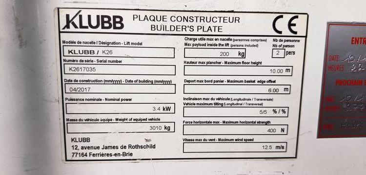 RENAULT MASTER III PHASSE 2 L2H2 2.3 DCI 16V 130 CV AVEC NACELLE KLUBB K26 – 10 M –  EM-363-HP