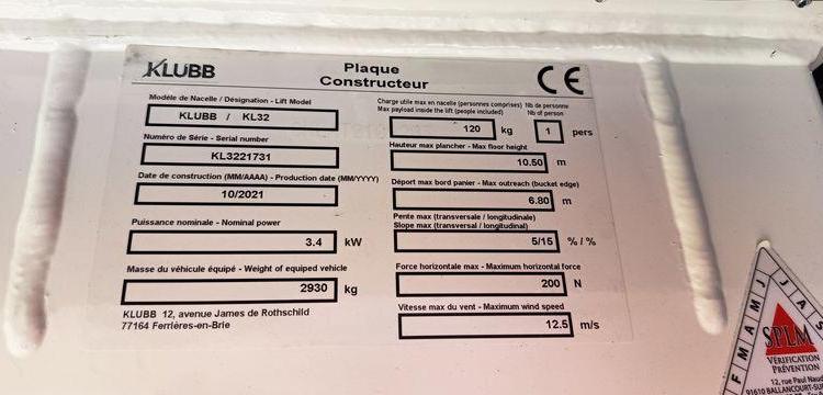 RENAULT MASTER AVEC NACELLE KLUBB KL32 / 10 M – 271 HEURES BLANC GC-197-VK